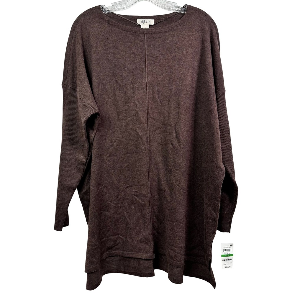 Style & Co Womens Seam Tunic Sweater Brown Oversized Boat Neck L 35702 NEW